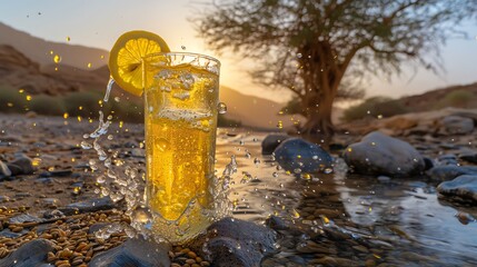 A glass of Eritrean barley tea with ice and a slice of lemon, served in a traditional cup, photographed in an Eritrean desert with mangrove areas in the background