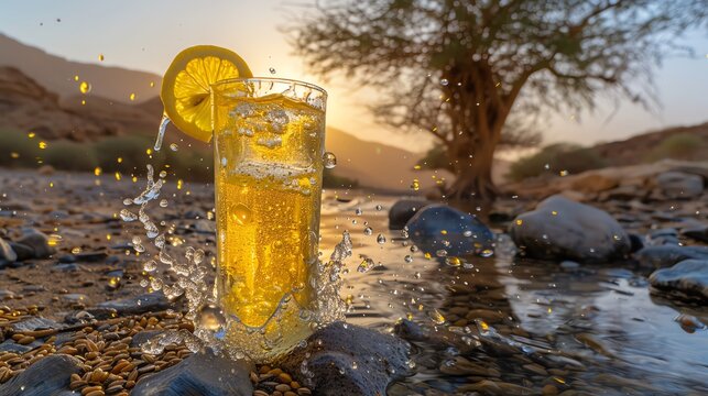 A glass of Eritrean barley tea with ice and a slice of lemon, served in a traditional cup, photographed in an Eritrean desert with mangrove areas in the background