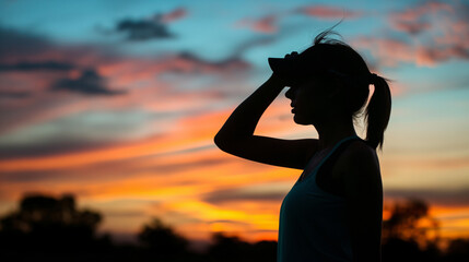 Fototapeta premium A striking silhouette of a woman with a ponytail, shielding her eyes, standing against a vibrant sunset sky with shades of orange and blue. The scene emanates a sense of contemplation and serenity.