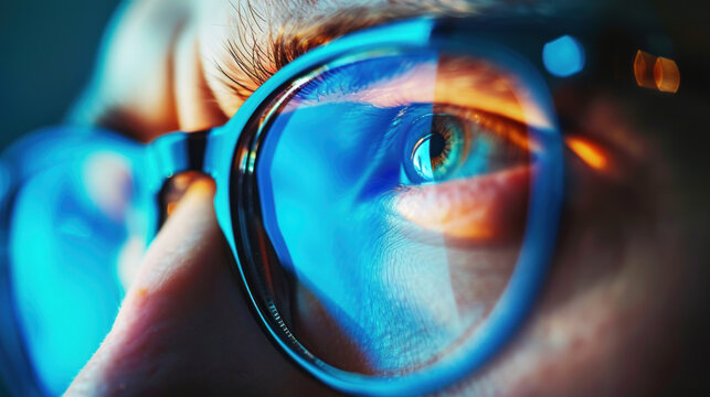 Man eye in glasses. Visionary sight optical lens. Eyewear technology eyesight correction. Optometry specialist diagnosis in professional optician workshop.