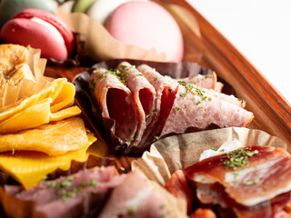 Raw ham, olives and cheese on a plate