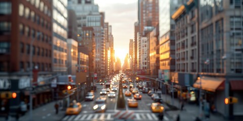 Obraz premium City Street at Sunset with Traffic. City street at sunset, filled with traffic and bathed in golden light, showcasing the urban landscape and daily hustle.
