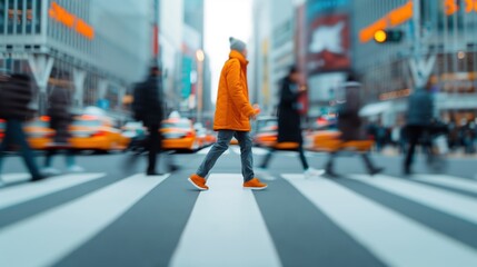 Fototapeta premium Man Crossing Busy City Street. Man in an orange coat crossing a busy city street with blurred motion of pedestrians and traffic, highlighting urban energy.