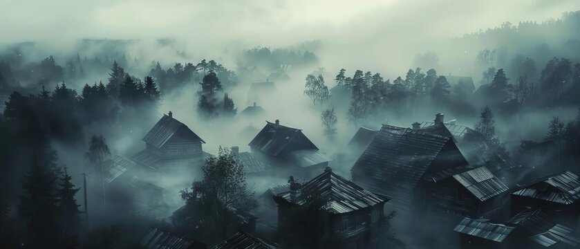 An abandoned village engulfed in dense fog as seen from above Depict the haunting emptiness and silence with a monochromatic color palette,