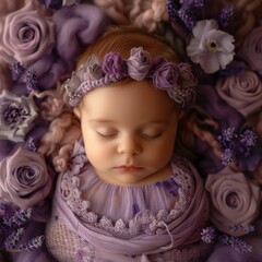 Fototapeta premium A newborn baby in her photography session, a photograph taken from above, showing full body, the baby is wrapped in a purple fabric with real purple roses and lavender around her