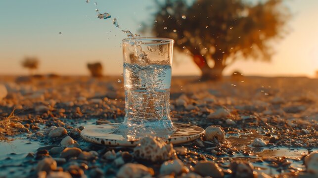 A glass of Syrian arak with aniseflavored spirit and water, served chilled, set on a ceramic coaster, photographed in a Syrian desert with sparse mangrove trees