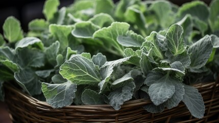 Dusty miller leaves in woven basket, displaying their shimmering silver color.