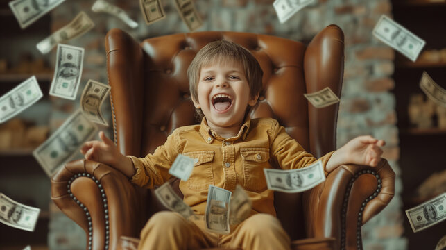 A joyful child with an exultant expression, sitting in an opulent leather chair while dollar bills are falling around them, highlighting themes of joy, luxury, and financial prosperity.