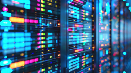 Data processing in server room. Abstract background. Futuristic concept modern datacenter hosting. Digital network connection and communication in global business. Technology infrastructure computer