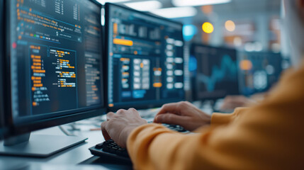 Developer Working on Complex Code. Developer in a modern office intensely working on complex code displayed across multiple screens, emphasizing the depth of programming work.