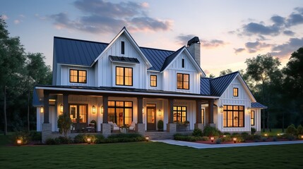 A majestic modern farmhouse bathed in the warm glow of a sunset, exuding an air of serene elegance. © Yekaterina