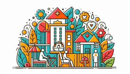 Naklejka premium Hospital, boarding school, physiotherapy, elderly care service, long-term retirement stay, abstract metaphor of a holiday home. Simple composition, in color in colors yellow, red, green