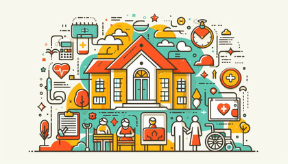 Fototapeta premium Hospital, boarding school, physiotherapy, elderly care service, long-term retirement stay, abstract metaphor of a holiday home. Simple composition, in color in colors yellow, red, green