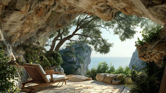 An alcove, a small, sheltered area in a cliff face, with a view of the surrounding landscape.