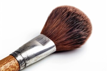 Various makeup brushes isolated over white. wooden makeup brushes. Duo fibre foundation makeup brush. Style. Fashion. Visage. Cosmetics.