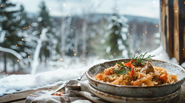 A plate of Estonian mulgikapsad with braised pork, sauerkraut, and barley, arranged on a rustic ceramic plate, placed on a wooden table with a view of a snowy forest outside