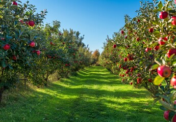 Apple orchard in autumn green grass, beautiful scenery, green nature