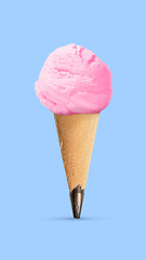 Contemporary art collage. Melted Dreams. Cold, sweet ice cream in horn made of pencil against blue background. Concept of hot summer holidays, party, pop art. Minimal design.