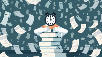 A man is sitting on a pile of books with a clock on his head. The scene is chaotic and disorganized, with papers flying everywhere. The man is overwhelmed and stressed