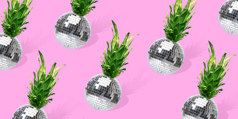 Contemporary art collage. Party in Paradise. Pattern with tropical fruits, pineapples with disco balls against pink background. Concept of hot summer holidays, party, pop art. Minimal design.