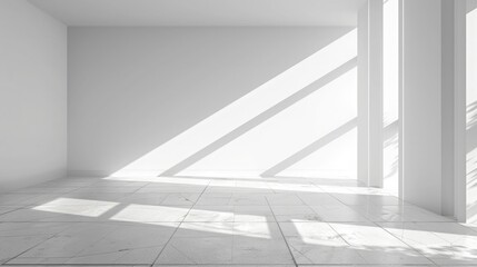 Obraz premium Minimalist white interior with sunlight casting sharp shadows on a tiled floor background