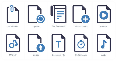A set of 10 File icons as attachment, update, text document