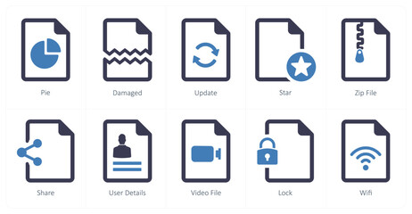 A set of 10 File icons as pie, damaged, update