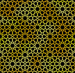 Traditional Islamic seamless pattern. Shiny gold and black Turkish background. Mosque window golden gradient grid mosaic texture.