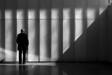Fototapeta premium A man in a suit is standing in front of a wall with a shadow on it. Concept of loneliness and isolation, as the man is alone in a large, empty space