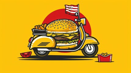 A yellow scooter with a burger on it and a flag on the handlebars. The burger is huge and has a lot of toppings. The flag is red and white