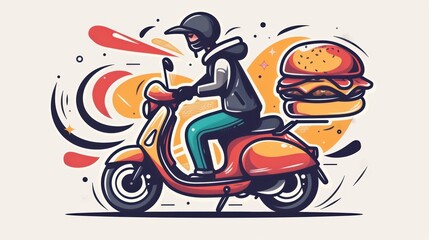 A man on a scooter is carrying a large hamburger. The image has a fun and playful mood, with the man on the scooter looking like he's having a good time. The hamburger is a symbol of food