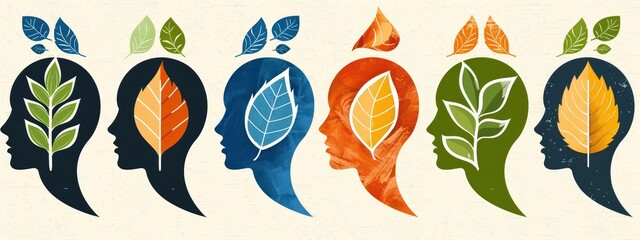 A series of faces with leaves on them, each with a different color. The faces are arranged in a row, with the first one on the left and the last one on the right