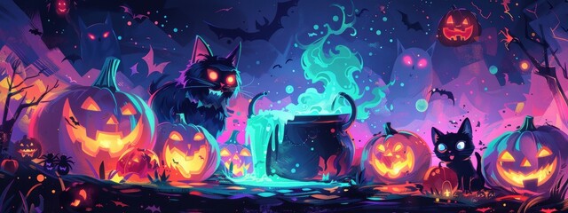 A colorful Halloween scene with a cat and a pumpkin. The cat is sitting next to a pumpkin and there are other pumpkins scattered around the scene