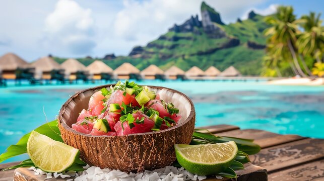 A plate of Tahitian poisson cru with raw tuna marinated in coconut milk and lime