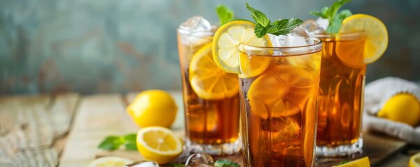 Refreshing iced tea served in tall glasses, garnished with lemon slices and mint leaves, perfect for a cool and invigorating drink