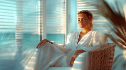 Young Woman in White Dress Relaxing by Sunlit Window with Ocean View