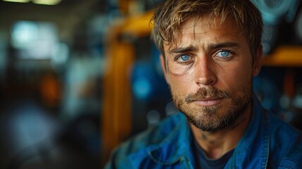 A man with striking blue eyes and a rugged appearance stands in a mechanic workshop, exuding resilience and a hard-working spirit in a technically detailed environment.