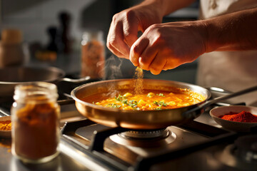 Person adding spices to a pot of soup on the stove in a home kitchen.