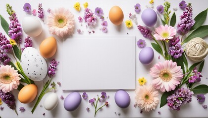 Easter eggs and flowers frame a white room. Top view.