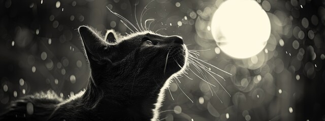 A black cat is looking up at the moon. The image has a moody and mysterious feel to it, as the cat...