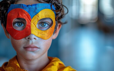 Boy Wearing Homemade Superhero Mask Looks Directly At Camera