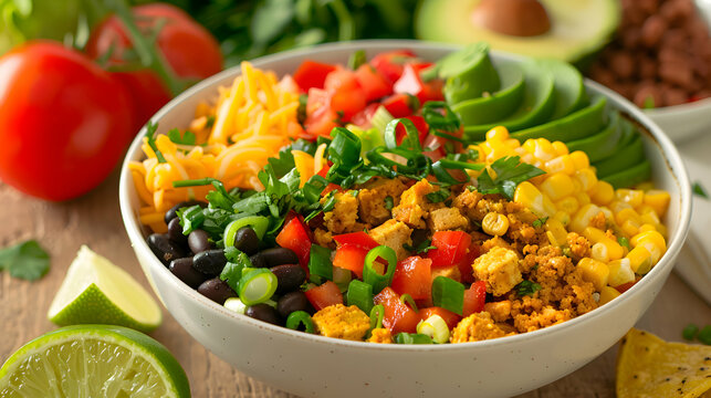 A vibrant fast food vegan breakfast burrito bowl with tofu scramble, black beans, and fresh vegetables - Powered by Adobe