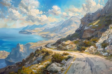 winding mountain highway stretching through majestic rocky landscape under cloudy summer sky landscape oil painting