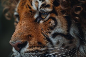 A close-up image capturing the fierce and intense expression of a tiger with detailed fur and unique curly hair in a natural environment.