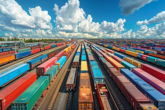 Aerial View of Cargo Trains Loaded With Shipping Containers at a Rail Yard