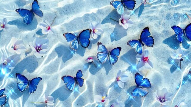 light blue and white sand on the beach with many blue butterflies flying in it