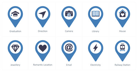 A set of 10 Location Pointer icons as graduation, direction, camera