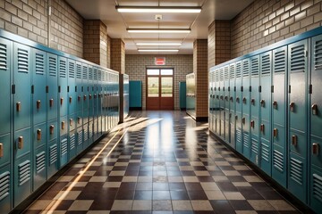 Obraz premium Blue locker-lined school hallway, empty and well-lit by fluorescent lights, creating a peaceful and tidy Back to School scene