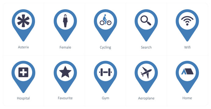A set of 10 Location Pointer icons as asterix, female, cycling