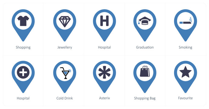 A set of 10 Location Pointer icons as shopping, jewellery, hospital
